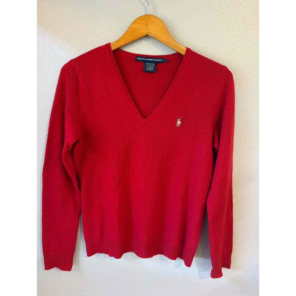 Ralph Lauren Sport Sweater Women Lg Red V-Neck Merino Wool Cashmere Blend Preppy
